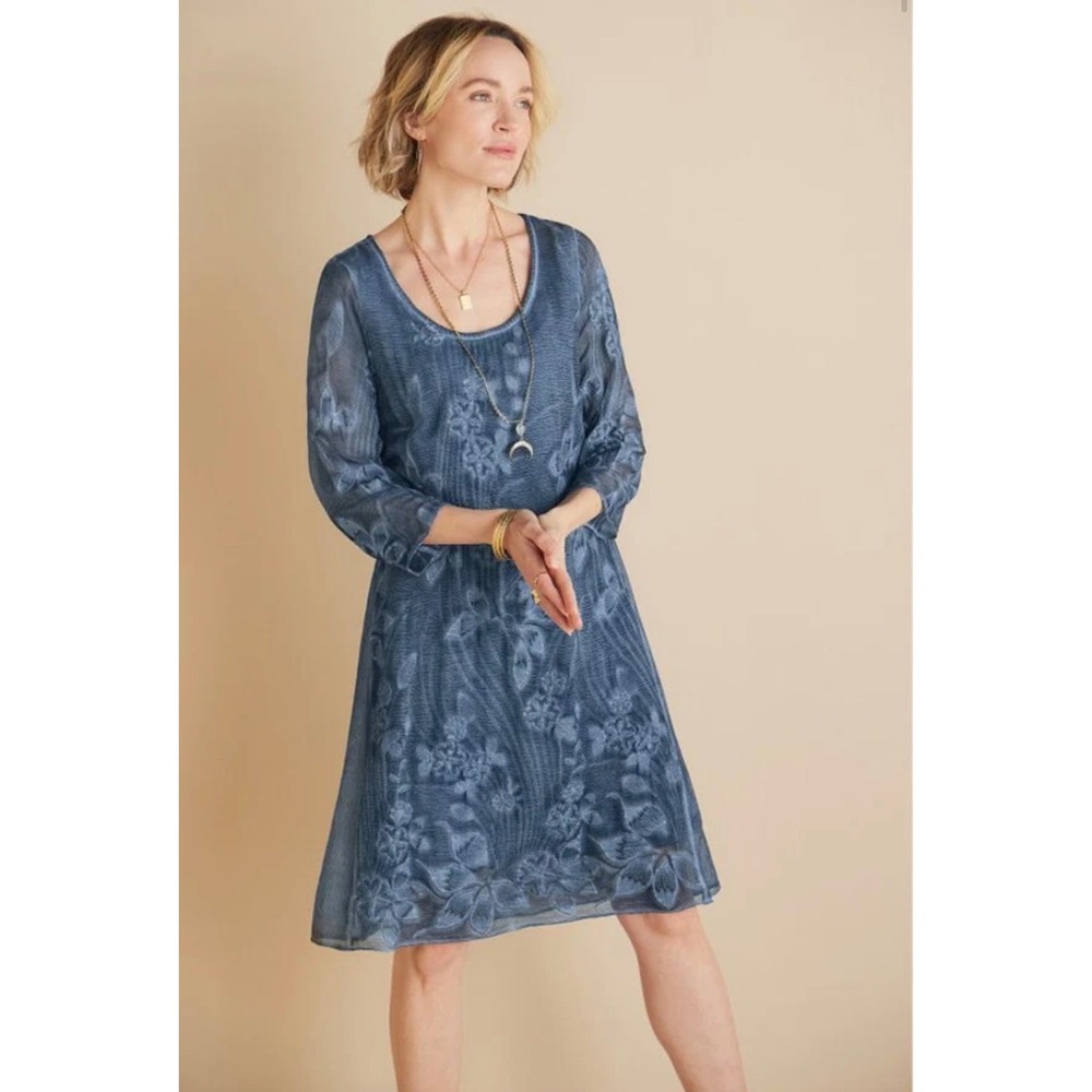 Soft Surroundings Starling Silk Dress Blue Floral Burnout Petite Small PS